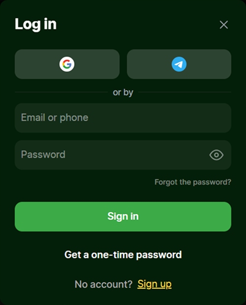 login Login form with Google and Telegram options