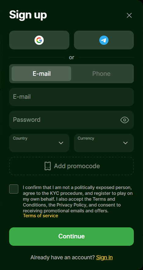 registration Sign up form with country and currency